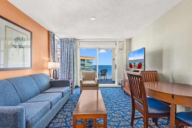 5200 N Ocean Blvd Unit 1231, Myrtle Beach, SC 29577 - carpeted living room featuring expansive windows and a textured ceiling