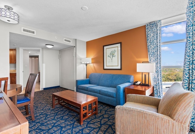 5200 N Ocean Blvd Unit 1231, Myrtle Beach, SC 29577 - living area featuring floor to ceiling windows, a textured ceiling, and carpet