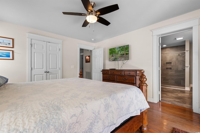 2580 Ash Little River Rd, Ash, NC 28420 - bedroom with wood finished floors, ceiling fan, a closet, and ensuite bathroom