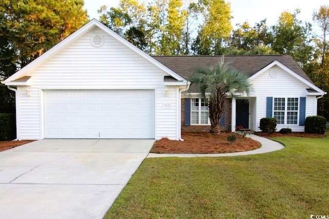 single story home with a front yard and a garage