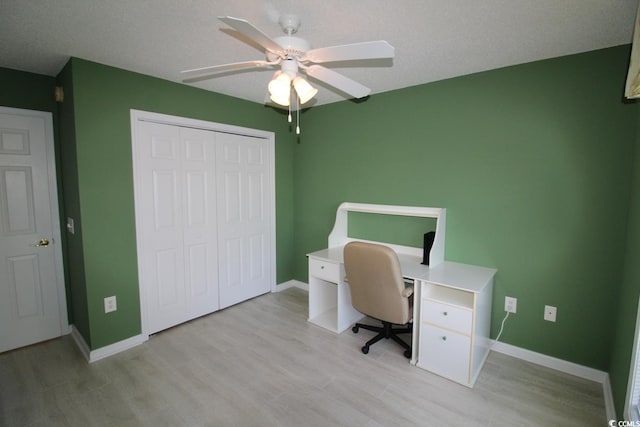 office with ceiling fan, light hardwood / wood-style flooring, and a textured ceiling