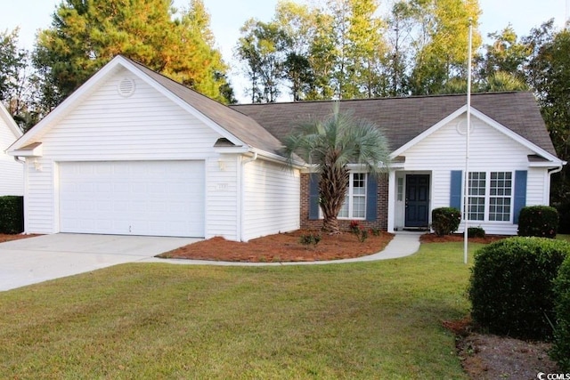 single story home featuring a garage and a front lawn