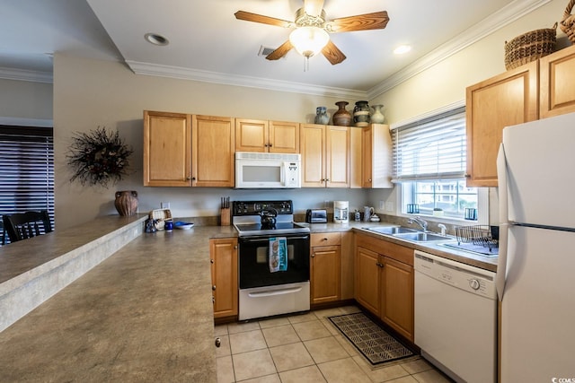 kitchen with ceiling fan, sink, white appliances, light tile patterned floors, and ornamental molding