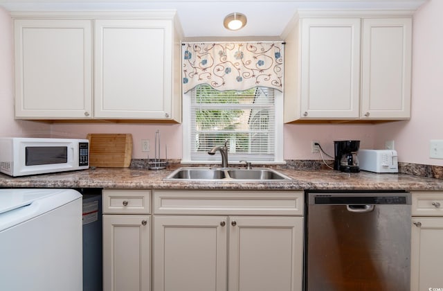 114 N Pinewood Dr N, Surfside Beach, SC 29575 - kitchen featuring white microwave, dishwasher, white cabinets, washer / clothes dryer, and a sink