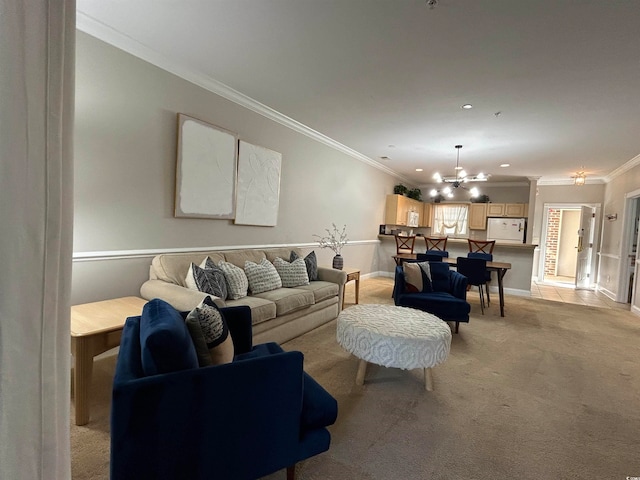 living room with crown molding, light colored carpet, and a chandelier