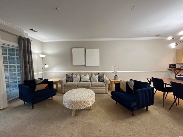 carpeted living room with a notable chandelier and ornamental molding