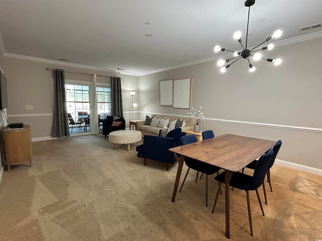 carpeted dining room featuring crown molding and an inviting chandelier