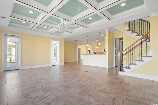 unfurnished living room featuring ornamental molding, coffered ceiling, and beam ceiling