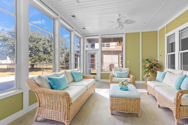 sunroom / solarium with wood ceiling and ceiling fan