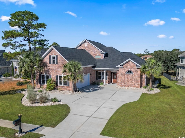 view of front of property with a garage and a front lawn