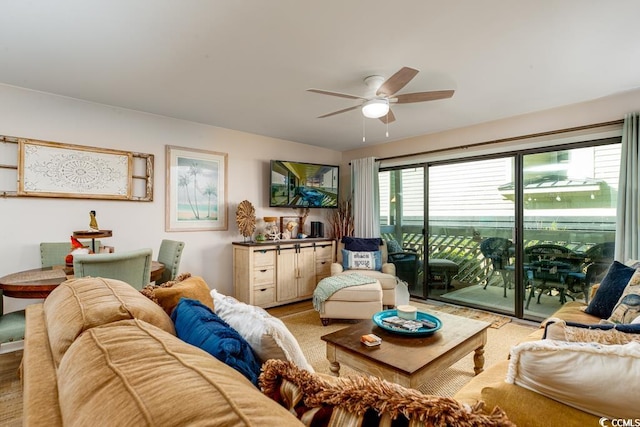 living room featuring ceiling fan