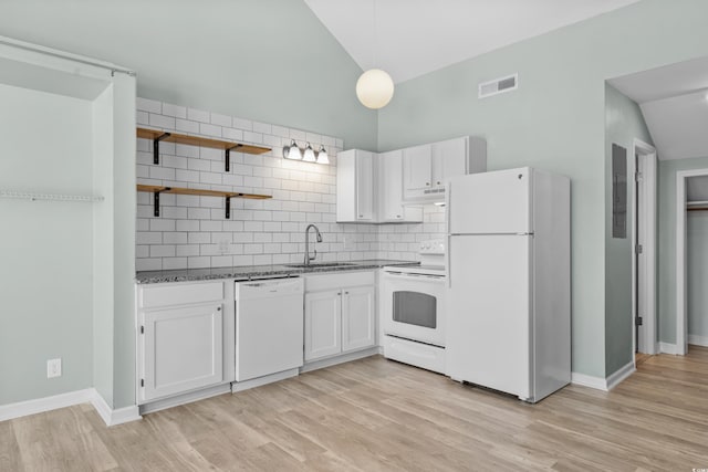 kitchen featuring white cabinets, white appliances, backsplash, and sink