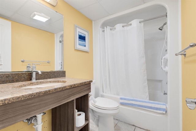 full bathroom featuring toilet, shower / tub combo, vanity, and tile patterned floors