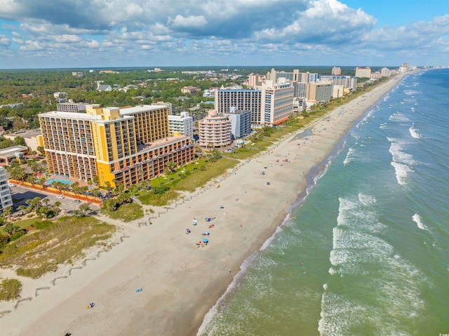 bird's eye view with a view of the beach and a water view