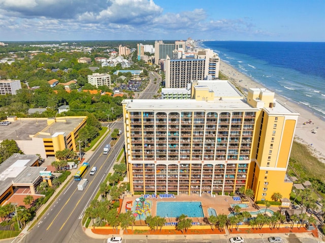 bird's eye view with a beach view and a water view