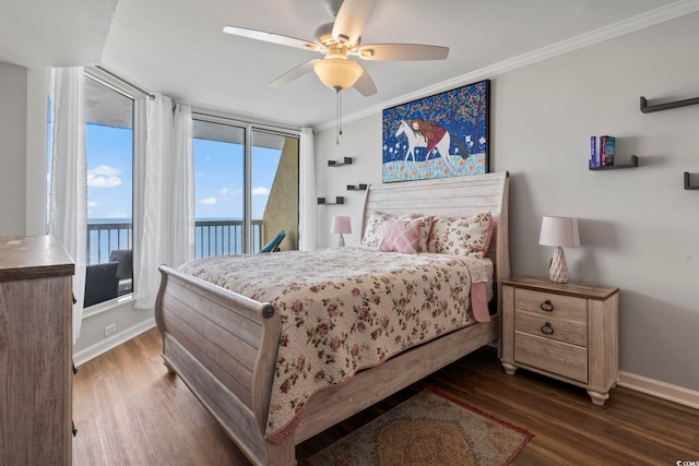 bedroom featuring access to exterior, ornamental molding, ceiling fan, dark wood-type flooring, and a water view