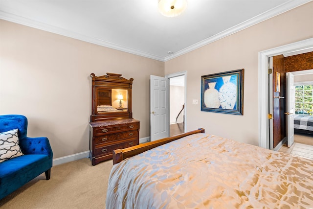 bedroom with light carpet and ornamental molding