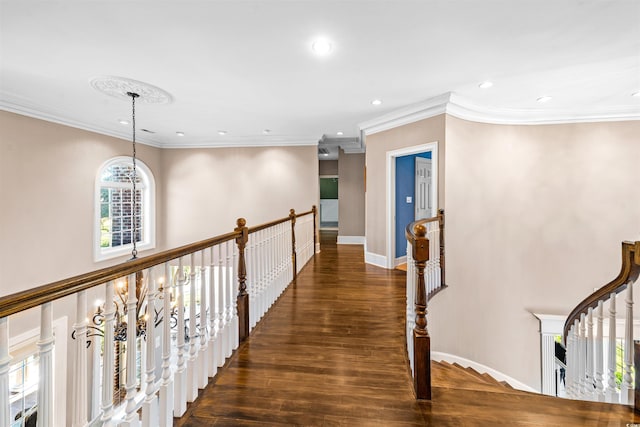 3754 Annandale Dr, Myrtle Beach, SC 29577 - hallway featuring recessed lighting, wood finished floors, crown molding, and an upstairs landing