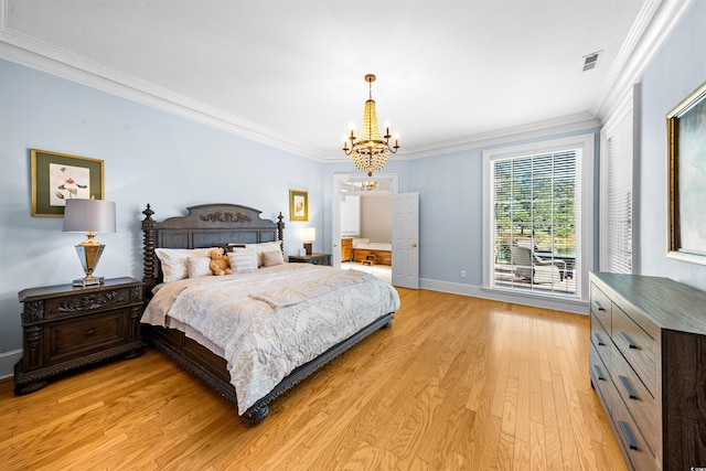 bedroom featuring a notable chandelier, light hardwood / wood-style floors, and crown molding