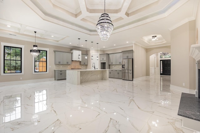 kitchen with gray cabinets, stainless steel fridge with ice dispenser, crown molding, and coffered ceiling