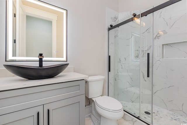 bathroom with vanity, an enclosed shower, and toilet