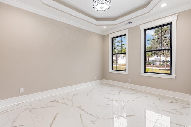 empty room featuring a raised ceiling and ornamental molding