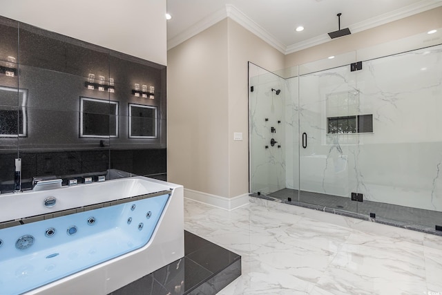 bathroom featuring a shower with shower door and crown molding