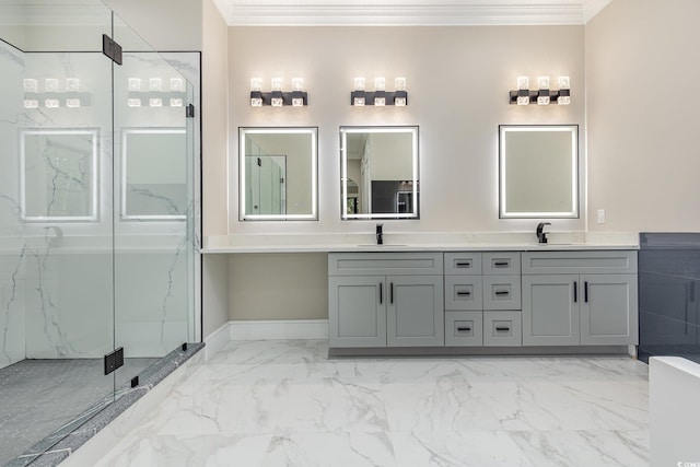 bathroom with vanity, walk in shower, and ornamental molding