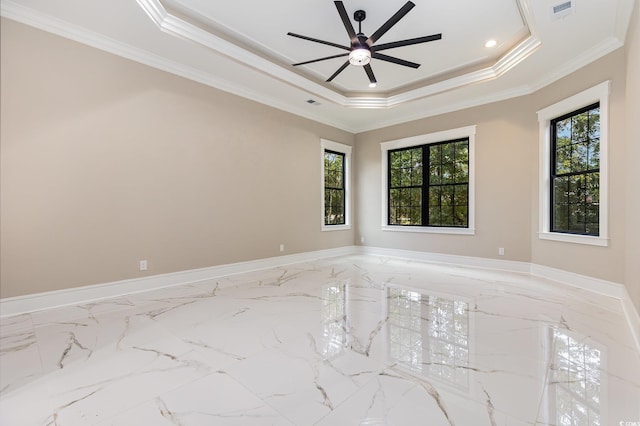 spare room with a healthy amount of sunlight, ornamental molding, and a tray ceiling