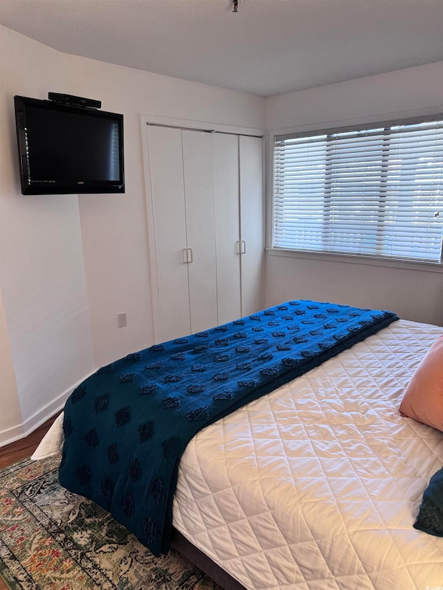 bedroom with a closet and hardwood / wood-style flooring