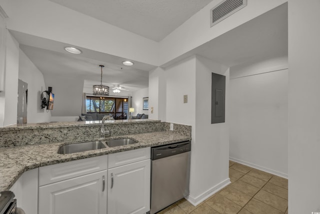 kitchen featuring light stone countertops, stainless steel appliances, sink, white cabinets, and electric panel