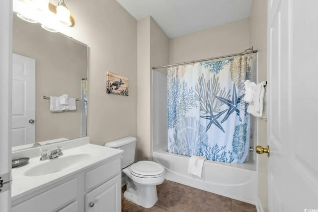 full bathroom with toilet, vanity, tile patterned floors, and shower / tub combo with curtain