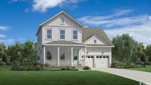 traditional-style home with an attached garage, board and batten siding, a porch, and a front lawn