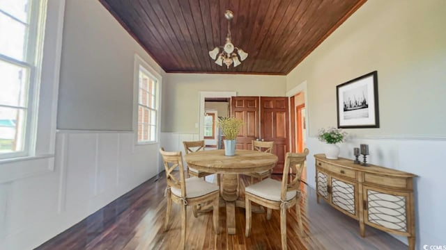 dining room with dark hardwood / wood-style floors, a notable chandelier, crown molding, and wood ceiling