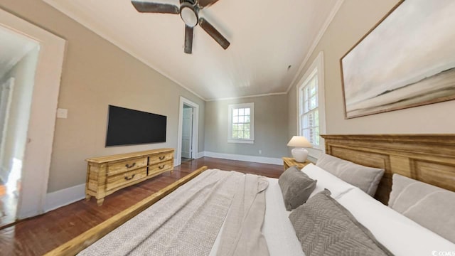 bedroom featuring ceiling fan, crown molding, and dark wood-type flooring