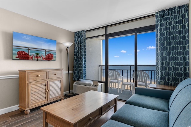 living room featuring an AC wall unit, a water view, and wood-type flooring