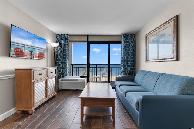 living room featuring dark hardwood / wood-style floors, floor to ceiling windows, and a water view