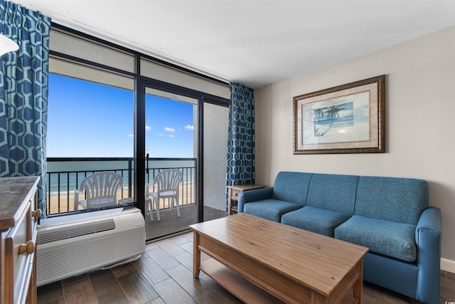 living room featuring wood-type flooring, a water view, and a wall mounted AC