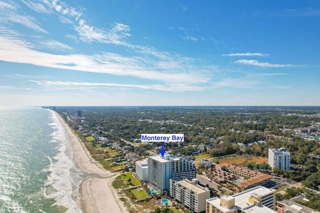 bird's eye view with a beach view and a water view