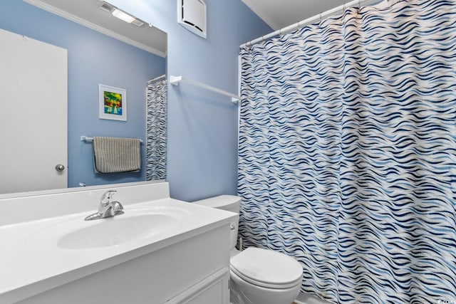 bathroom with toilet, vanity, a shower with shower curtain, and ornamental molding