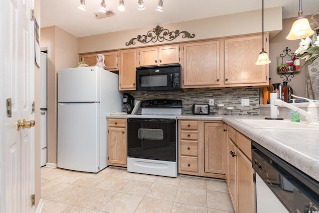 kitchen with decorative backsplash, light brown cabinetry, white appliances, hanging light fixtures, and light tile patterned flooring