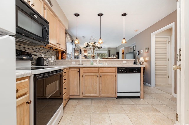 kitchen featuring range with electric cooktop, dishwasher, hanging light fixtures, kitchen peninsula, and decorative backsplash