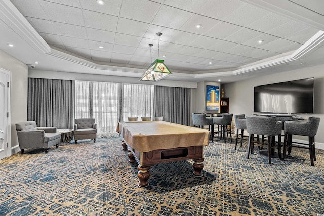 rec room featuring pool table, a raised ceiling, and carpet flooring