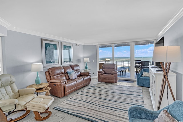 tiled living room with a water view, expansive windows, and crown molding