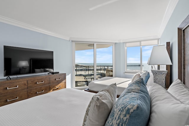 bedroom with crown molding, access to outside, floor to ceiling windows, and a water view