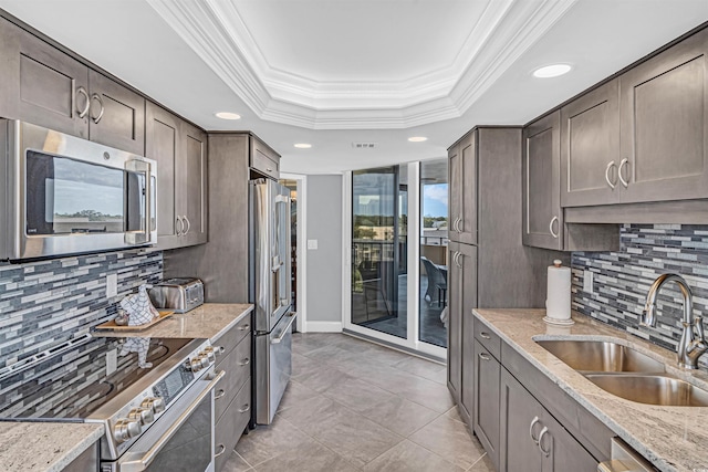 kitchen featuring sink, light stone counters, premium appliances, a tray ceiling, and ornamental molding