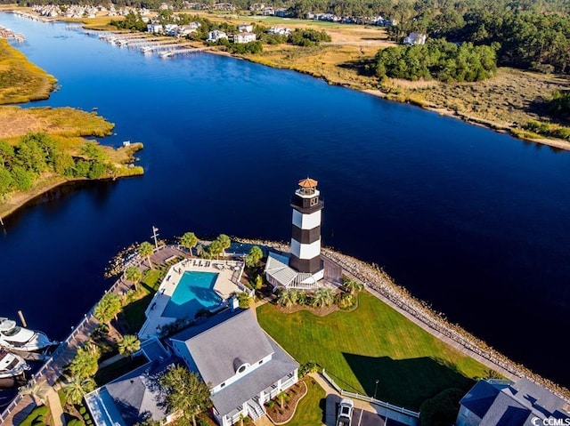 drone / aerial view with a water view