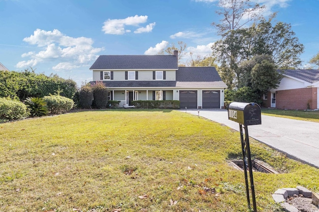 view of property featuring covered porch, a garage, and a front lawn