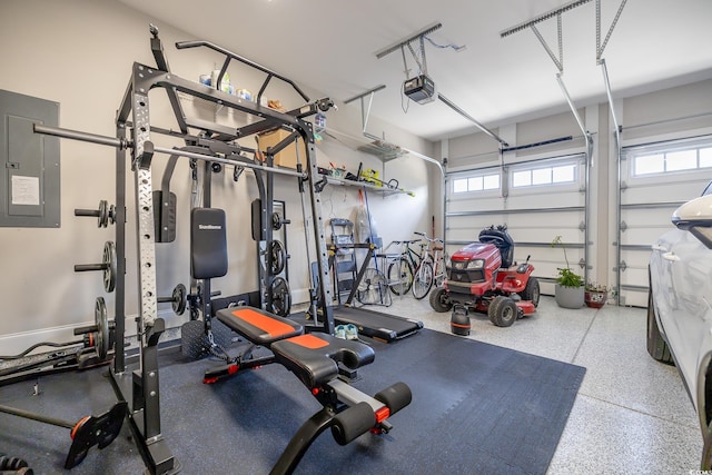 workout room featuring electric panel