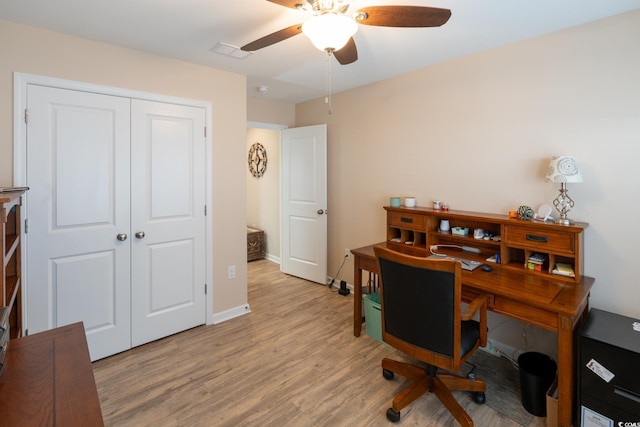 office space with ceiling fan and light wood-type flooring